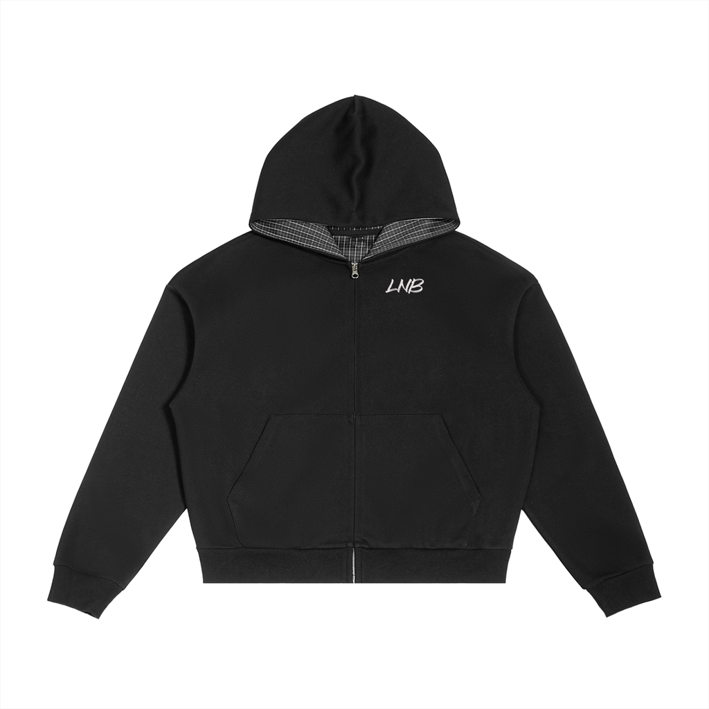 Contrast Plaid Boxy Zip Hoodie